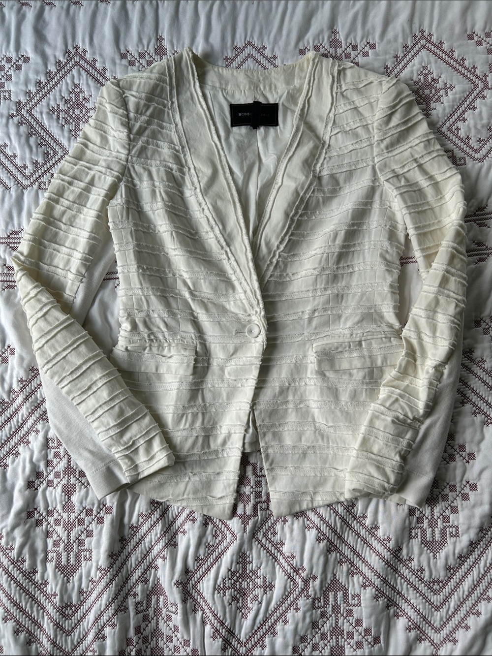 BCBGMaxAzria Adrienne White Raw Edge Textured Single-Button Jacket